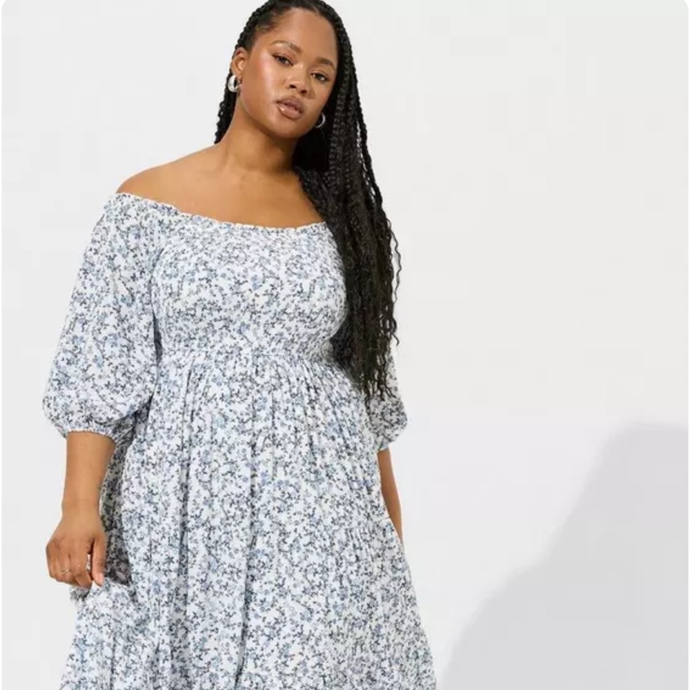 Torrid Blue and White Smocked Off-Shoulder Midi Dress